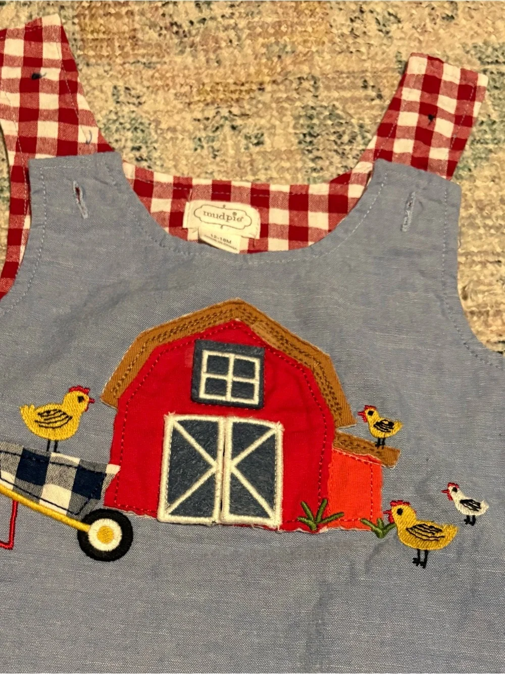 Mud Pie Blue Romper with Red Barn Appliqué and Red Gingham Straps